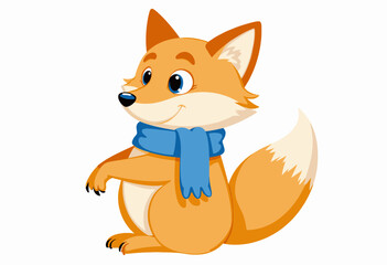 Obraz premium Charming Cartoon Fox with Blue Scarf Sitting Playfully on White Background Displaying Adorable Features and Bright Expression
