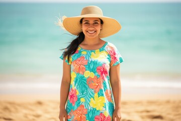 Smiling woman in a colorful floral beach dress and wide-brim straw hat