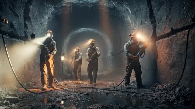 Medium shot of laborers in protective gear chiseling deep into granite surrounded by dripping moisture and dustfilled air underground.