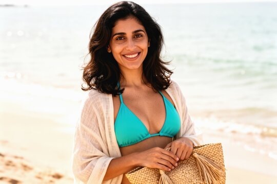 Smiling woman in vibrant turquoise bikini on a sunlit sandy beach with bag