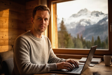 Fototapeta premium Man working on a laptop in a cozy mountain cabin with snowy peaks outside