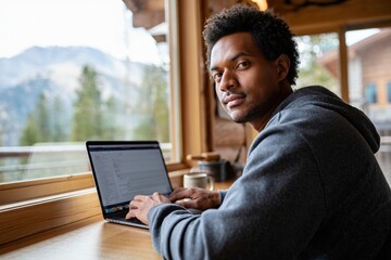 American man working on laptop by a window with mountain view and cabin
