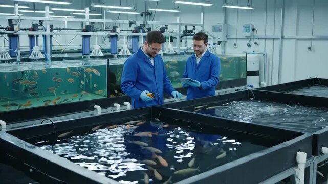 Medium shot of technicians managing water quality and fish health in a stateoftheart indoor recirculating aquaculture facility.
