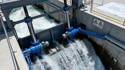 Automated spillway gate system activating hydraulic pistons to smoothly modulate water levels highlighting modern engineering efficiency and safety.