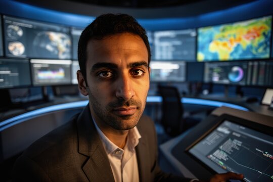 Male researcher with olive skin and short dark hair in a control center, focused - Powered by Adobe
