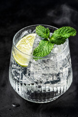 Refreshing Cocktail with Lime, Ice and Mint in Glass on Dark Background