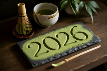 Happy new year 2026 with matcha tea ceremony elements