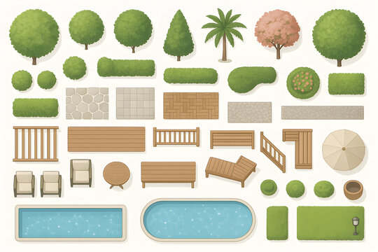 Top-down landscape vectors: trees, furniture, pools, paths, paving for architecture drawings and garden concept visuals