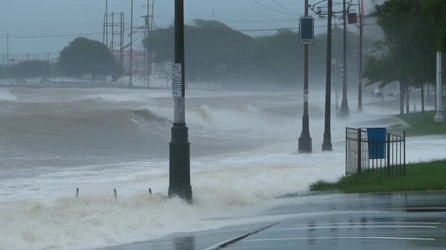 Massive storm surge and powerful waves from an intense hurricane batter a coastal road, engulfing infrastructure in turbulent, muddy floodwaters and creating hazardous conditions