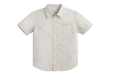 Beige short-sleeve linen shirt with button-down collar and chest pocket, casual men's clothing on transparent background