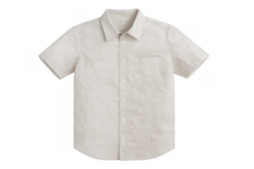 Beige short-sleeve linen shirt with button-down collar and chest pocket, casual men's clothing on transparent background