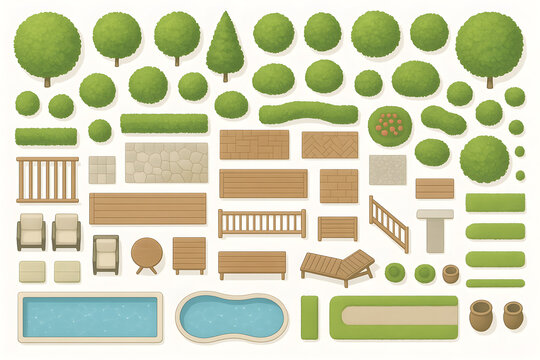 Clean vector top-down garden elements set for Illustrator, Photoshop, Revit, SketchUp, CAD, GIS, and landscape design
