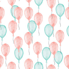 Watercolor pattern with pink and blue balloons, seamless birthday background.
