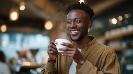 A barista in a coffee shop laughing unexpectedly as a cup forms a perfect accidental foam shape, creating a candid moment of creativity — workplace spontaneity, café culture, and human connection