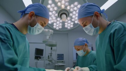 Three surgeons in surgical masks and caps intently focused during a complex operation in a brightly lit operating room - Powered by Adobe