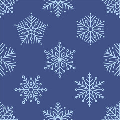 Seamless pattern with cute minimalist snowflakes. Gentle winter holiday design for Christmas, New Year. Perfect for banner, wallpaper, wrapping paper, background, card, poster. Vector illustration