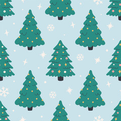 Seamless pattern with cute simple Christmas trees. Traditional winter decor. Perfect for banner, wallpaper, wrapping paper, background, card, poster. Vector illustration