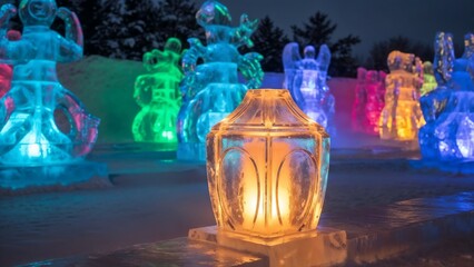 Colorful ice sculptures illuminated by lantern at winter festival  