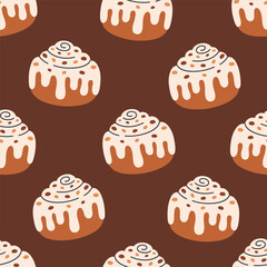 Seamless pattern with cute cinnamon roll with sugar glaze and chocolate. Swirl cinnamon bun. Perfect for banner, wallpaper, wrapping paper, background, card, poster. Vector illustration
