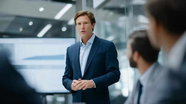 A CEO standing at the head of a glass-walled conference room, presenting a bold strategic vision on a massive digital screen as the executive team listens intently &mdash; corporate leadership,