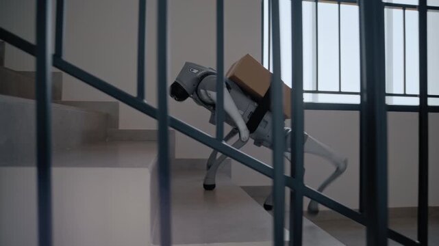 Futuristic robot dog with a cardboard box climbing up a staircase for an autonomous delivery