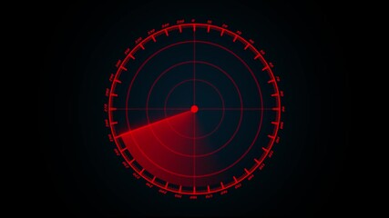 Red radar screen displaying scanning signals against a black grid background representing monitoring detection and data tracking imagery - Powered by Adobe