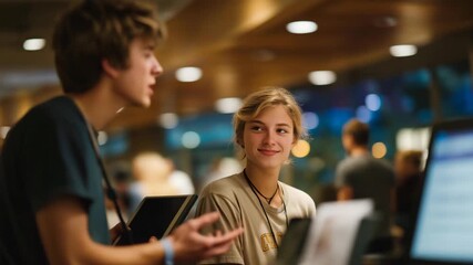 A university campus information desk bustling with students asking questions about orientation, schedules, and campus services — academic support, student success resources, and inclusive