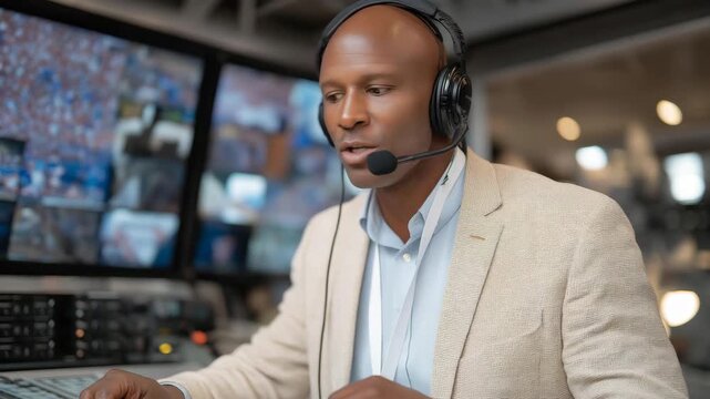 A simultaneous interpreter in a soundproof booth wearing a professional headset, speaking into a microphone while watching a live conference on multiple screens &mdash; high-level international