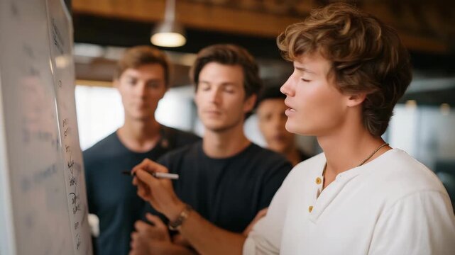 A small early-stage startup team crowded around a whiteboard in a tiny loft office, sketching messy product diagrams and arguing passionately over the first prototype &mdash; raw innovation energy, lean