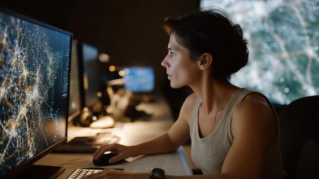 A tactical intelligence analyst studying a multi-layered digital battlefield map in a dim command center, highlighting enemy movement patterns with glowing overlays &mdash; real-time military analytics,