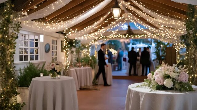 A wedding reception hall glowing with fairy lights and elegant floral centerpieces as guests mingle near the dance floor &mdash; romantic celebration setting, event design inspiration, and joyful social