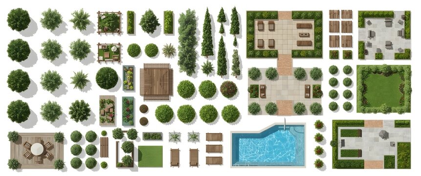 2D top-down landscape vector set with garden elements, plants, outdoor textures for CAD, Revit, Illustrator, Photoshop layouts