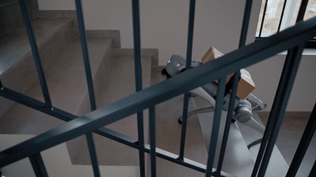A futuristic robot dog demonstrates advanced mobility by climbing a staircase while carrying a delivery box, showcasing its ability to navigate complex environments autonomously.