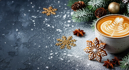 A dark gray background decorated with coffee, gingerbread cookies, pine branches, and snowflakes, with a winter and Christmas theme.