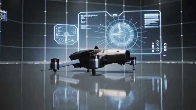 Drone technology demonstration with graphics and interactions in a high-tech environment
