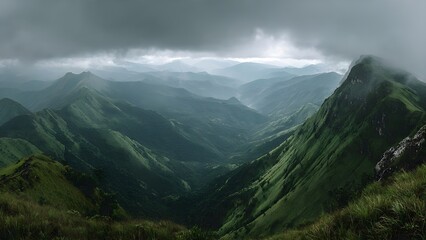 Obraz premium A beautiful, sprawling scene of green mountains and dark valleys, where the mist hangs low, making everything look hazy and quiet under a pale sky