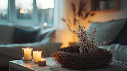 Obraz premium A Cozy and Inviting Ambient Fireplace Decorated with Candles and Sparkling Holiday Lights for Comfort