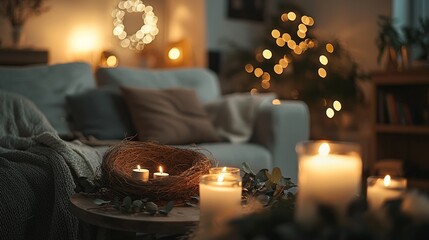 Obraz premium A Cozy and Inviting Ambient Fireplace Decorated with Candles and Sparkling Holiday Lights for Comfort