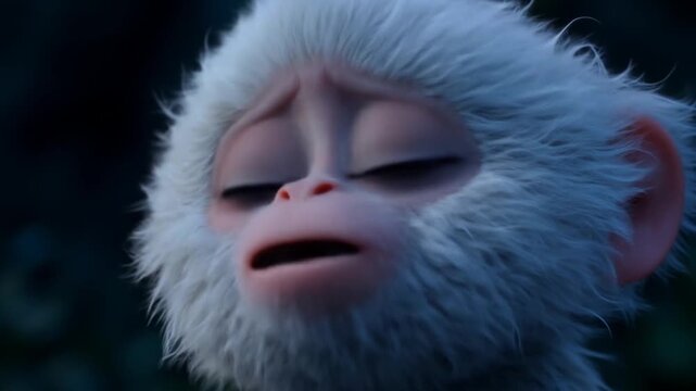 Animated monkey character with fluffy white fur against a dark background