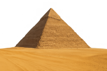 Egyptian desert pyramid standing on sand dunes, ancient giza landmark, travel and history concept with transparent background