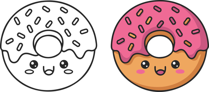 Kawaii Donut Coloring Page and Colored Version doughnut sweet