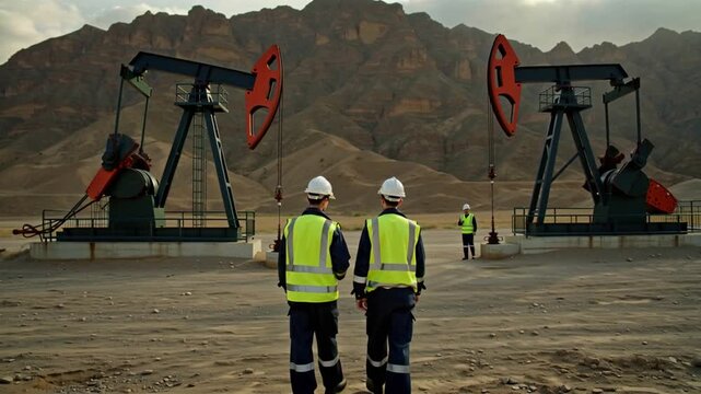 Two male workers talking in front of an oil pumpjack