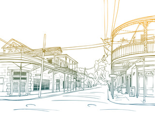 Nice Old street in New Orleans. USA. Louisiana. Hand drawn illustration. Vector illustration. Urban sketch. Line art. Postcards style. Urban landscape without people. © elenavic