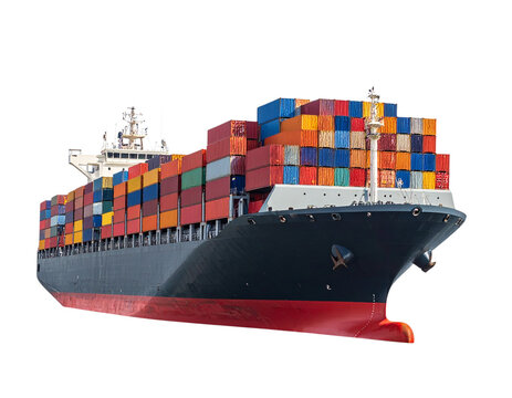 Large Cargo Ship Side View, Isolated on White Background 