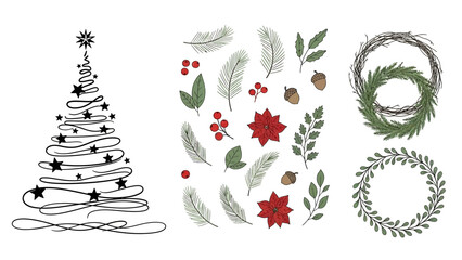 Christmas Tree Illustration with Pine Branches Berries Poinsettias Wreaths Keywords: Christmas, tree, holiday, festive, winter