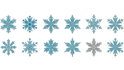 Collection of Blue and Gray Glittering Snowflakes on White Background 
