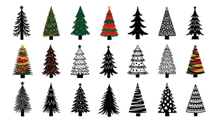 Collection of Hand Drawn Christmas Trees in Various Styles and Colors whisk