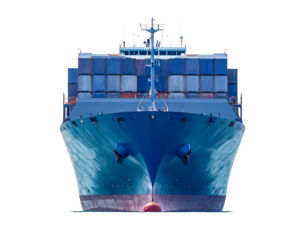 Front Perspective Cargo Ship with Containers, Marine Transport, Isolated