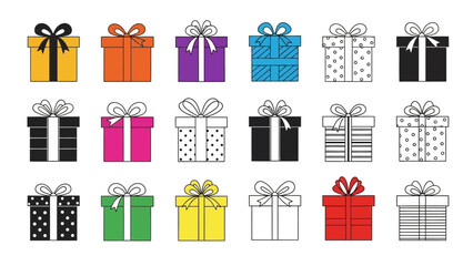 Collection of Gift Boxes with Ribbons in Various Colors and Patterns Keywords: gift, box, present, ribbon, bow, colorful