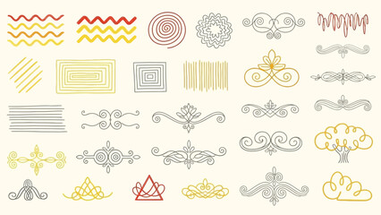 Collection of Hand Drawn Decorative Swirls and Geometric Shapes flourish ornament